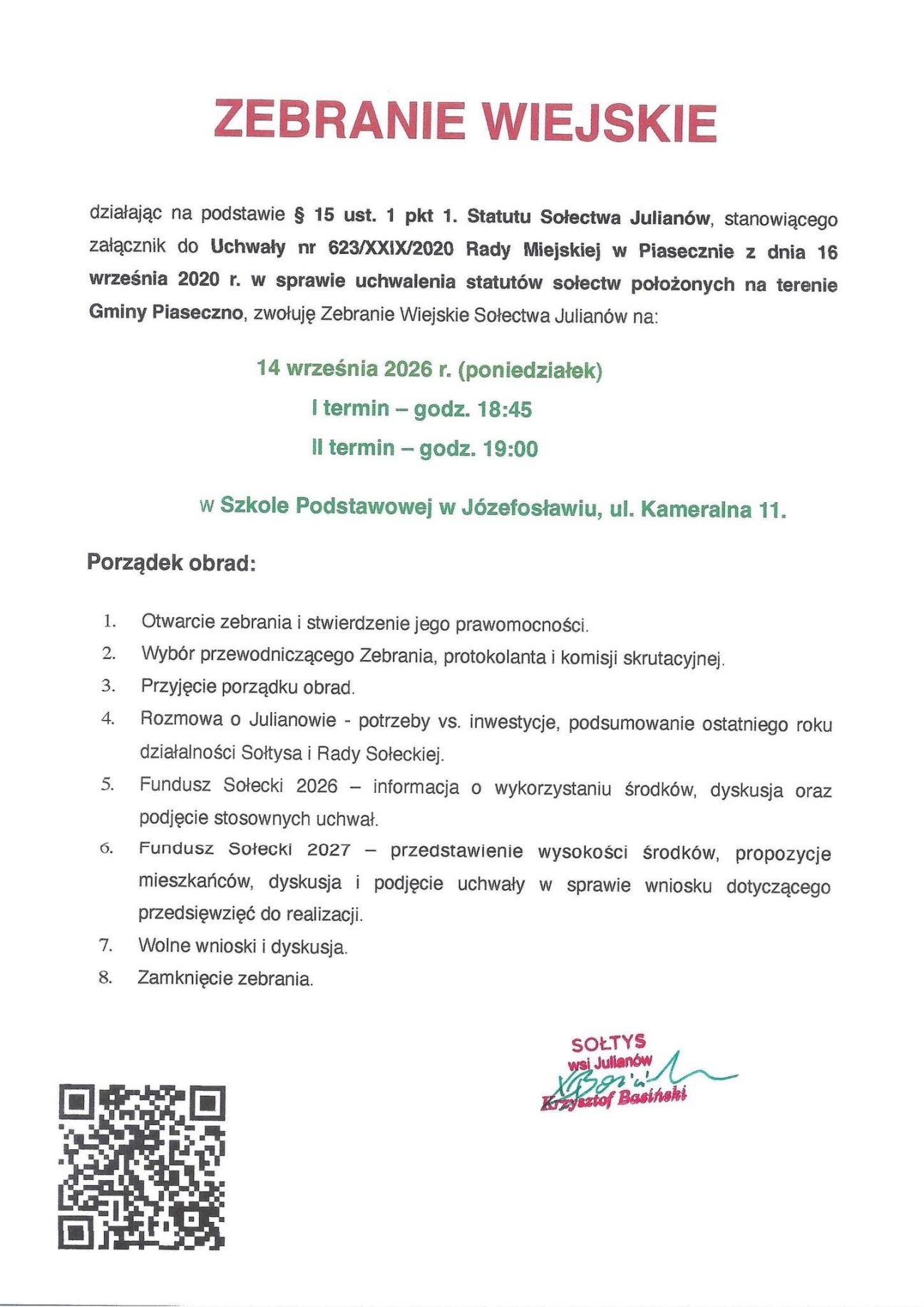 Zebranie sołectwa Julianów 14 września 2026 roku